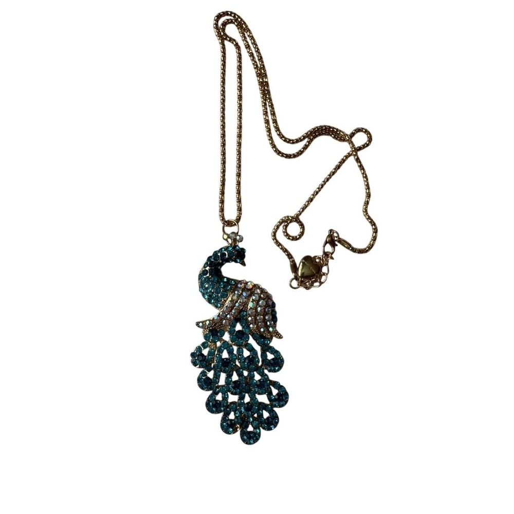 Betsey Johnson Blue Rhinestone Peacock Gold Plated Statement Necklace Y2K